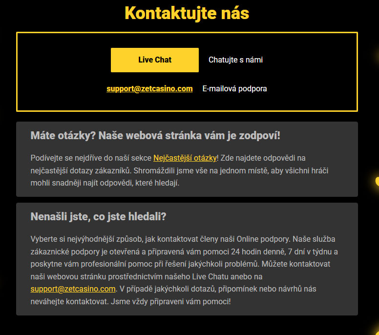 Zet Casino Customer Support